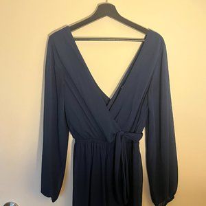 Express Full Length V-Neck Jumpsuit with Cross-Tie in Blue/Navy